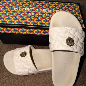 Kurt Geiger Cream Quilted Slides with Gold Emblem
